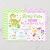 Dinosaur and Unicorn Joint Birthday Invitation