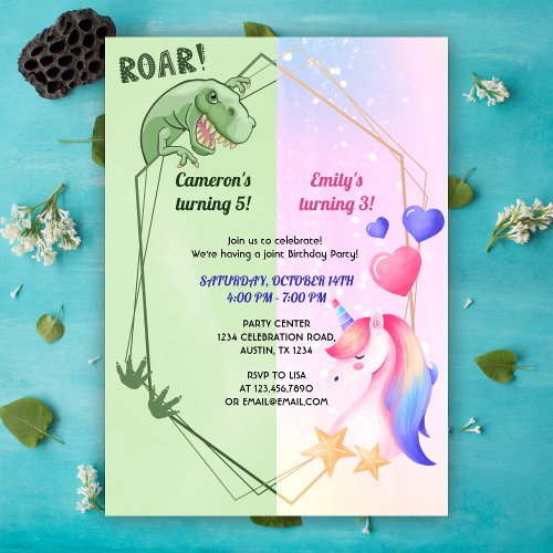 Dinosaur And Unicorn Joint Boy Girl Birthday Party Invitation