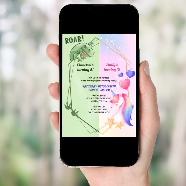 Dinosaur And Unicorn Joint Boy Girl Birthday Party Invitation (Front Digital)