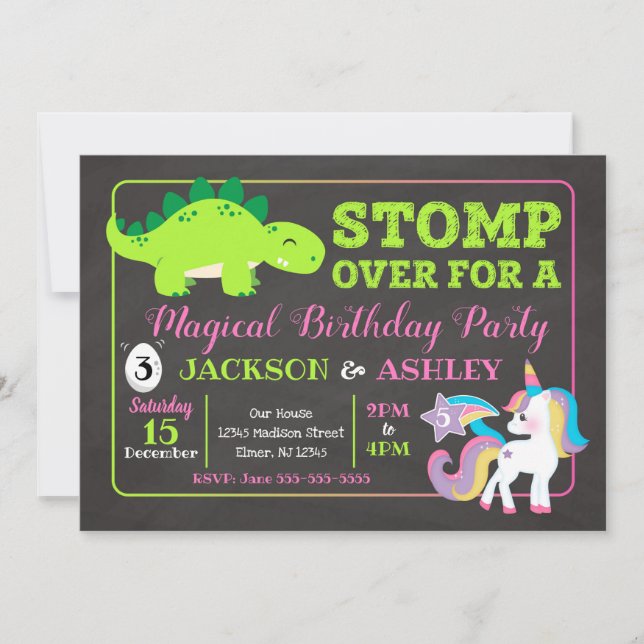 Dinosaur and Unicorn Siblings Joint Birthday Invitation (Front)