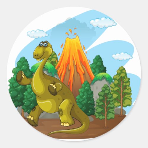 Dinosaur and volcano eruption classic round sticker