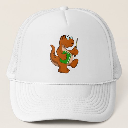 Dinosaur as Teacher with Book  Glasses Trucker Hat