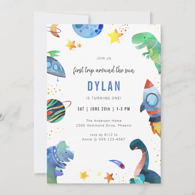 Dinosaur Astronaut Outer Space Birthday Invitation (Front)