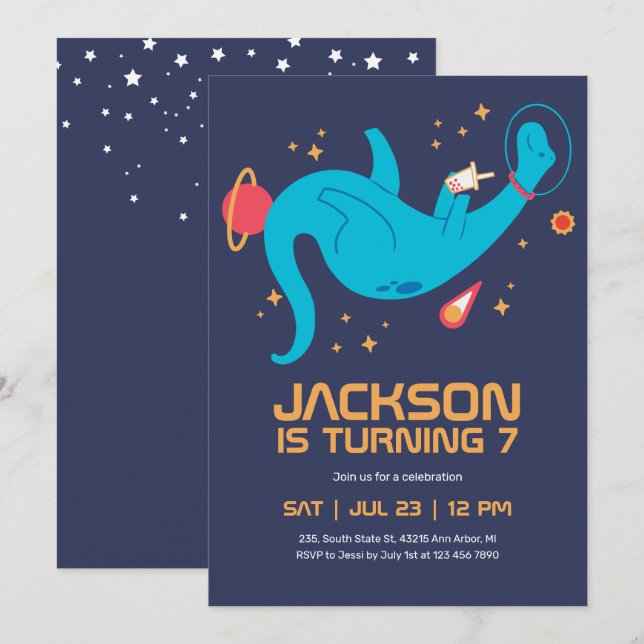 Dinosaur Astronaut Outer Space Kids Birthday Invitation (Front/Back)