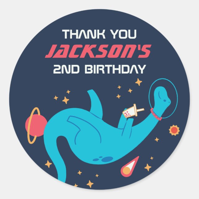 Dinosaur Astronaut Outer Space Kids Birthday Party Classic Round Sticker (Front)