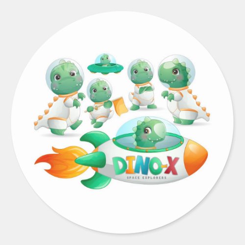 Dinosaur Astronaut Rocketship Boy Birthday Party Classic Round Sticker