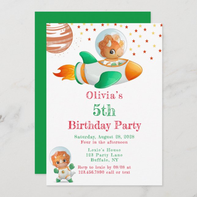 Dinosaur Astronaut Rocketship Girl Birthday Party Invitation (Front/Back)