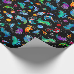 Dinosaur Astronauts Watercolor Space Dino Birthday Wrapping Paper
