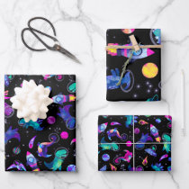 Dinosaur Astronauts Watercolor Space Dino Birthday Wrapping Paper Sheets