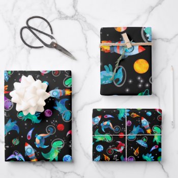 Dinosaur Astronauts Watercolor Space Dino Birthday Wrapping Paper Sheets by LilPartyPlanners at Zazzle