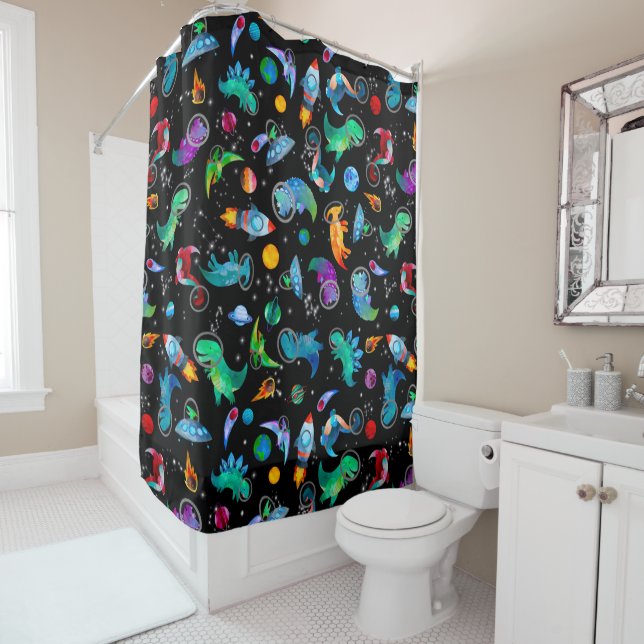 Dinosaur Astronauts Watercolor Space Kids Dino Shower Curtain (In Situ)