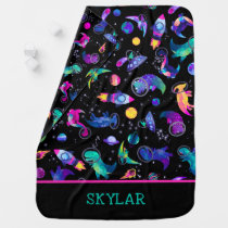 Dinosaur Astronauts Watercolor Space Personalized Baby Blanket