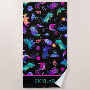 Dinosaur Astronauts Watercolor Space Personalized Beach Towel