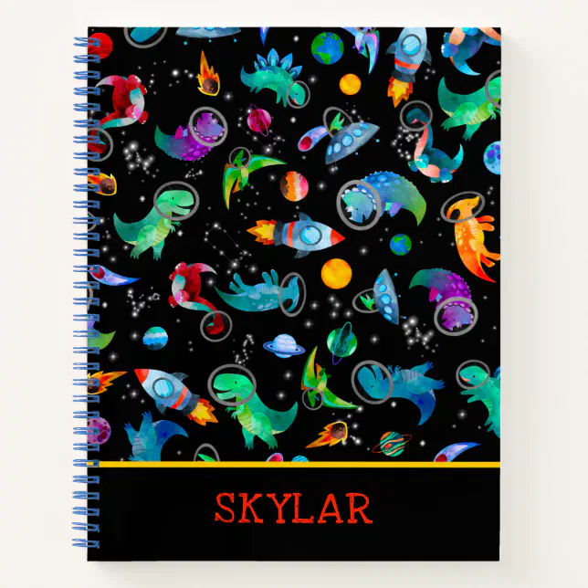 Dinosaur Astronauts Watercolor Space Personalized Notebook (Front)