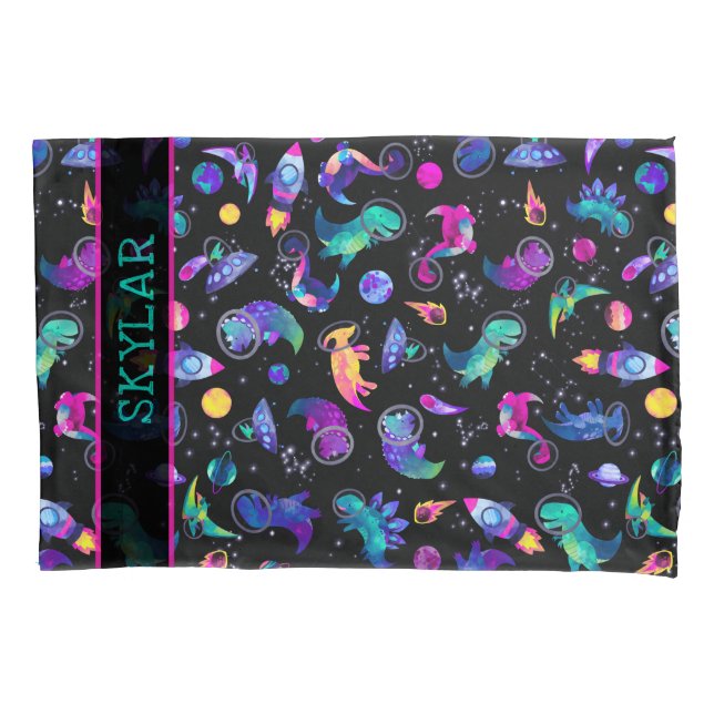 Dinosaur Astronauts Watercolor Space Personalized Pillow Case (Front)
