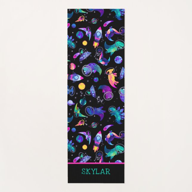 Dinosaur Astronauts Watercolor Space Personalized Yoga Mat (Front)