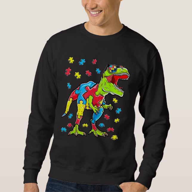 Dinosaur Autism Awareness Puzzle Piece Boys Kids T Sweatshirt (Front)