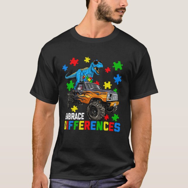 Dinosaur Autism Awareness With Monster Truck For A T-Shirt (Front)