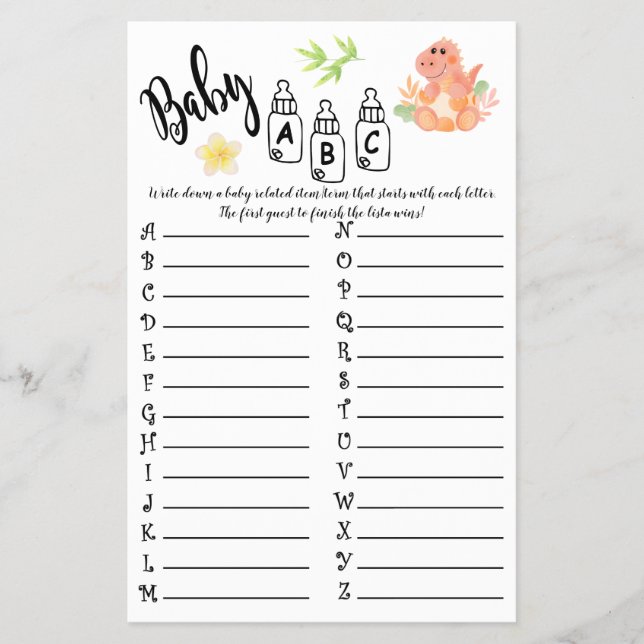 DINOSAUR BABY ABC BABY SHOWER GAME CARD FLYER (Front)