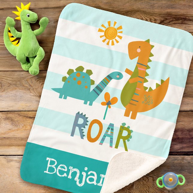 Dinosaur Baby Boy Bold Turquoise Stripes Name Cute Sherpa Blanket (Creator Uploaded)