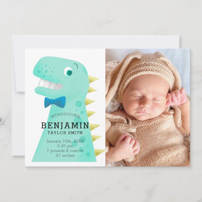 Dinosaur Baby Boy Photo Birth Announcement (Front)