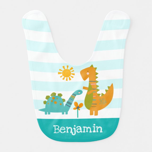 Dinosaur Baby Boy Turquoise Stripe Cute Reversible Bib (Front)