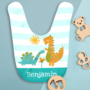 Dinosaur Baby Boy Turquoise Stripe Name Reversible Bib