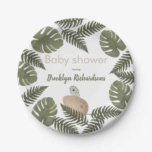 Dinosaur baby egg greenery cute jungle baby shower paper plates