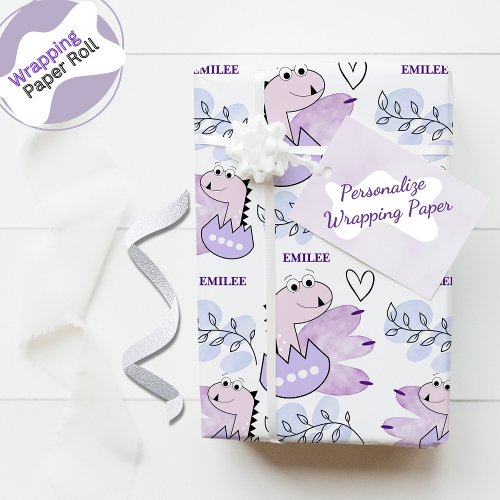 Dinosaur Baby Girl Pink Purple Watercolor Wrapping Paper