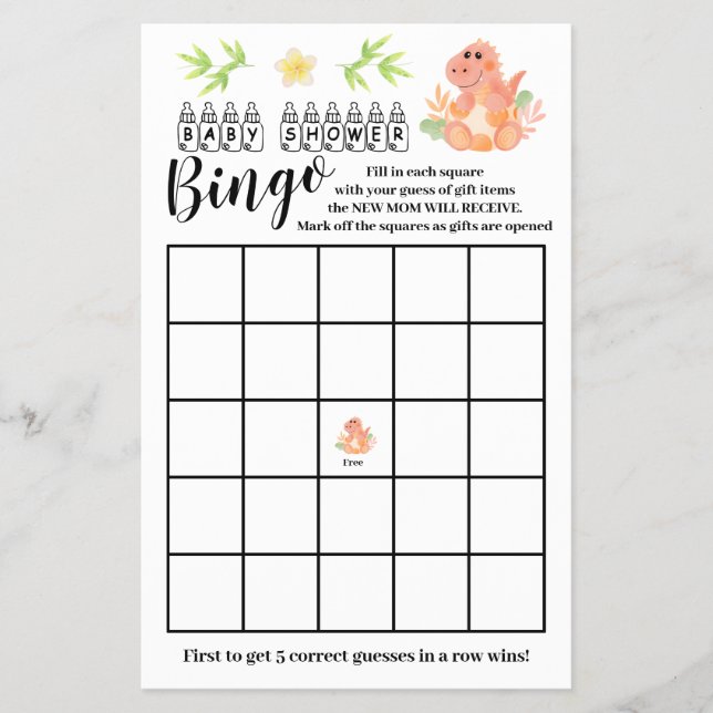 Dinosaur Baby Shower Bingo Game Card Flyer (Front)