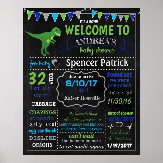Dinosaur Baby Shower chalkboard sign poster (Front)