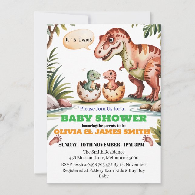 Dinosaur Baby Shower for Twins Custom invitation (Front)