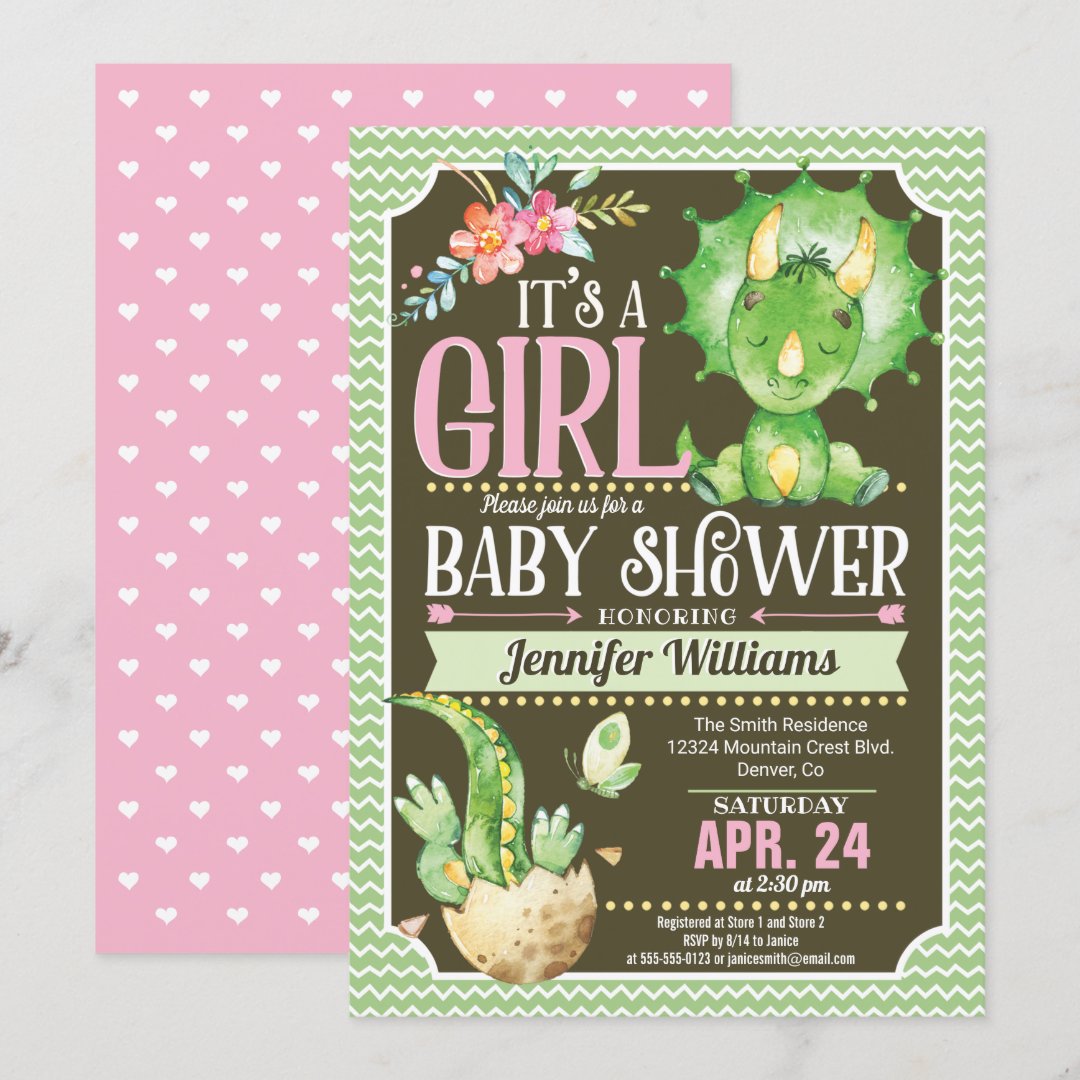 Dinosaur Baby Shower Invitation Girl, Green & Pink Zazzle