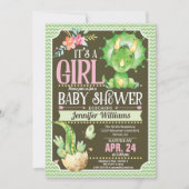 Dinosaur Baby Shower Invitation Girl, Green & Pink (Front)