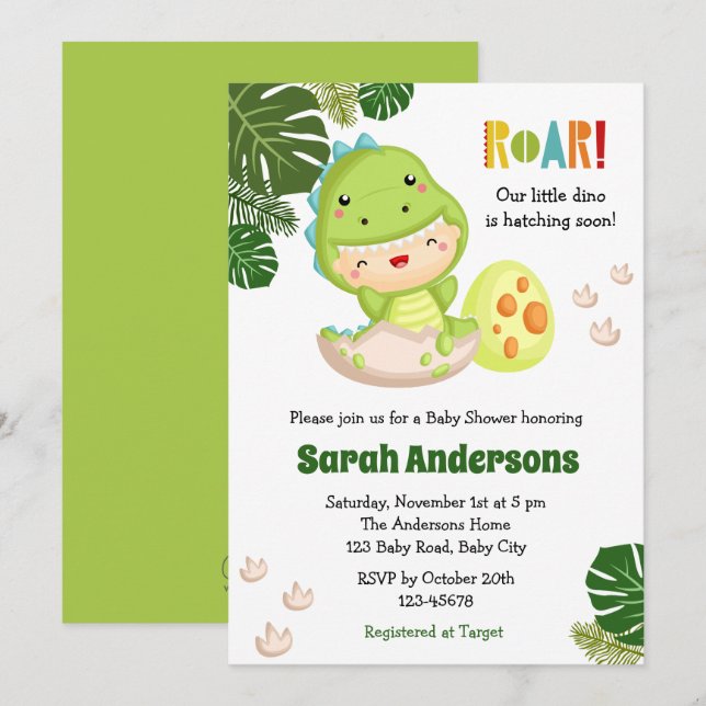 Dinosaur Baby Shower Invitations ROAR Cute Dino (Front/Back)