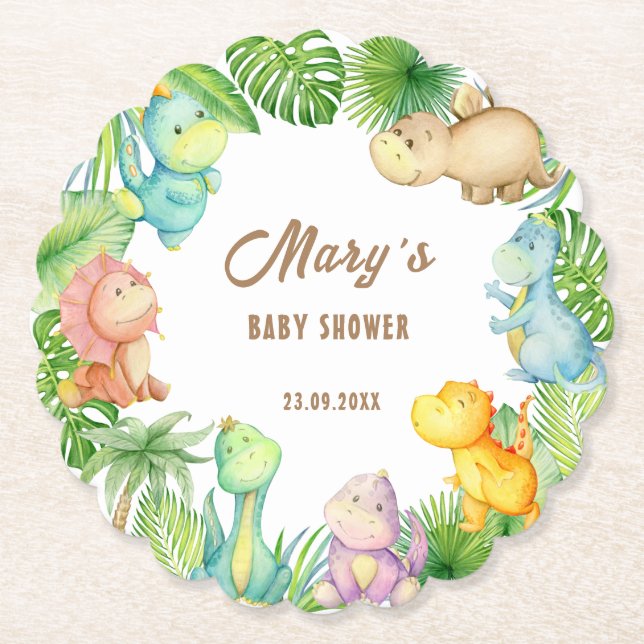 Dinosaur Baby Shower Paper Coaster (Front)