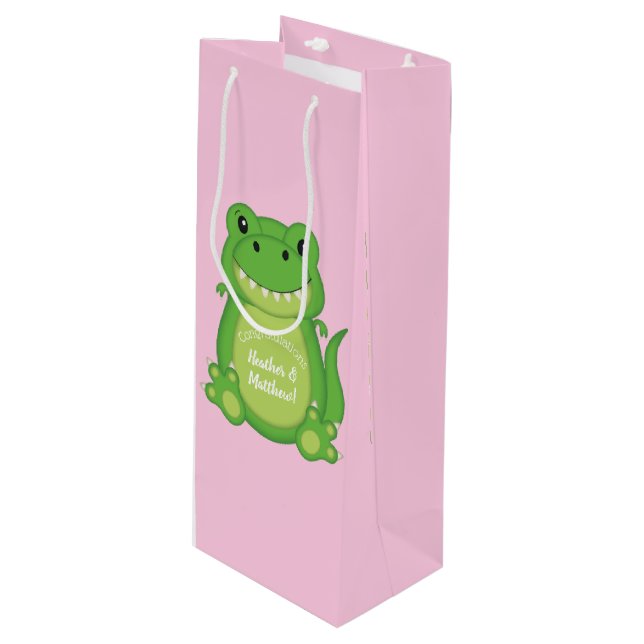 Dinosaur Baby Shower T-Rex Pink Girl Wine Gift Bag (Front Angled)