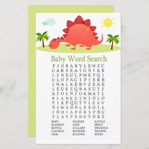 Dinosaur Baby Shower Word Search Game