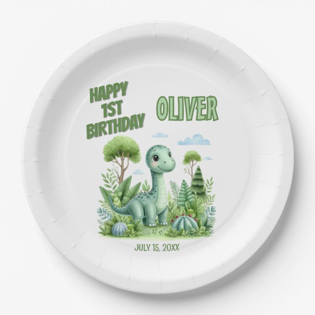 Dinosaur Baby's 1st Birthday Paper Plates (Front)