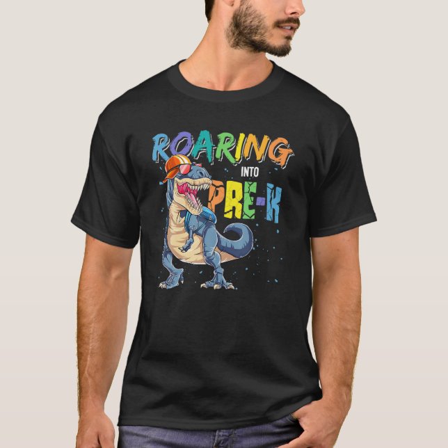 Dinosaur Back To School Roaring Into Pre K Boys Ki T-Shirt (Front)