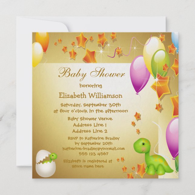 Dinosaur & Balloons Elegant Gold Baby Shower Invitation (Front)