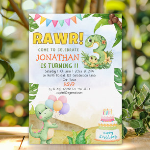 Dinosaur Birthday 3 for Boys   Rawr Dino party Invitation