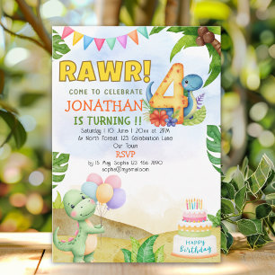 Dinosaur Birthday 4th for Boys Rawr Dinosaur Invitation