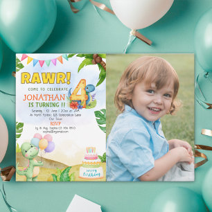 Dinosaur Birthday 4th with Photo   Rawr Dino Party Invitation