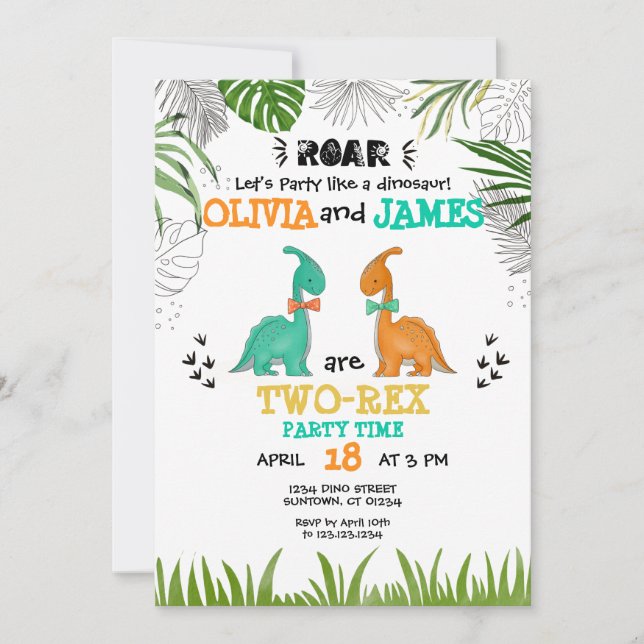 Dinosaur Birthday ANY AGE Twins Party  watercolor  Invitation (Front)