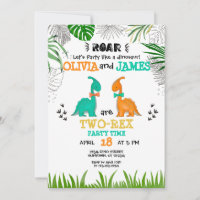 Dinosaur Birthday ANY AGE Twins Party  watercolor  Invitation