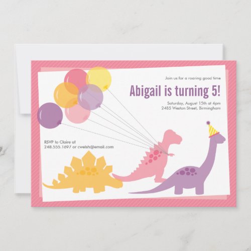 Dinosaur Birthday Balloon Pink Purple Party Invitation