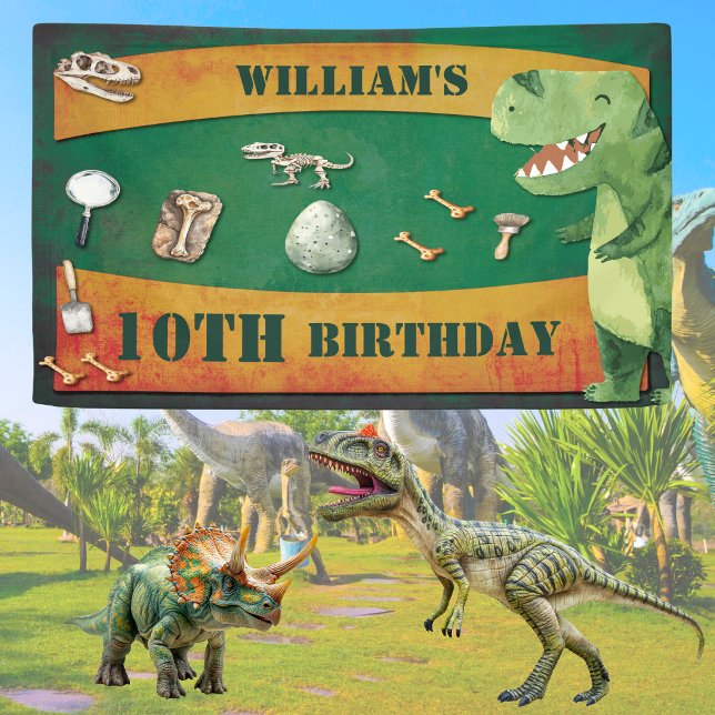 Dinosaur Birthday Banner (Dinosaur themed birthday party for any age. Personalized with name, age and event. Stomp and roar)