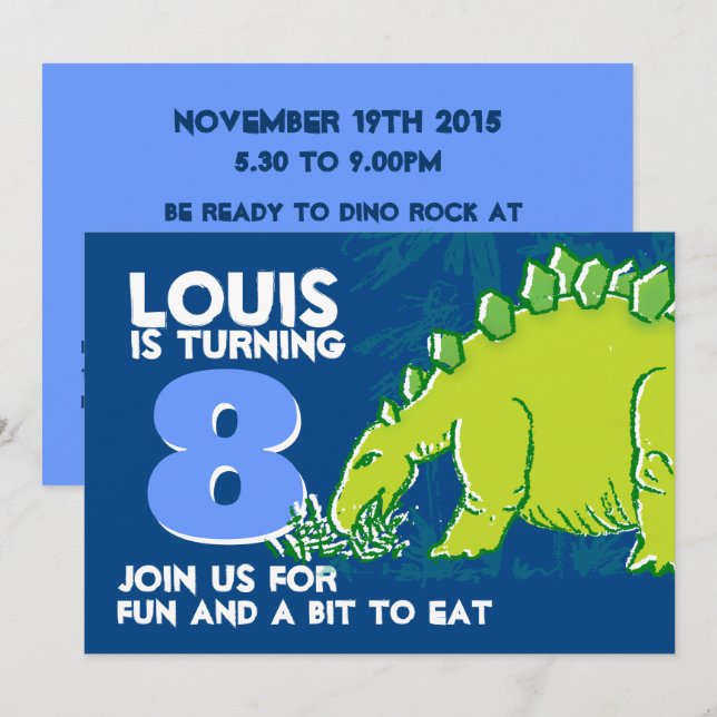 Dinosaur birthday boy 8th blue green invitation (Front/Back)