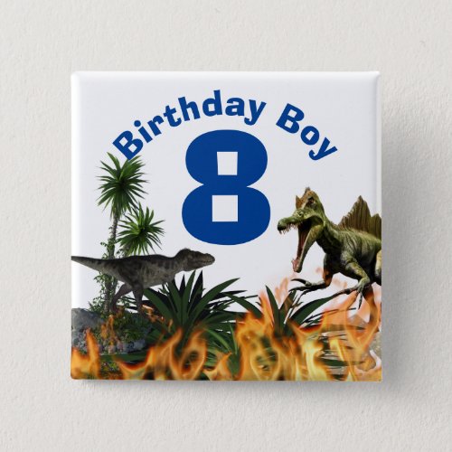 Dinosaur birthday boy age t_rex flames blue button